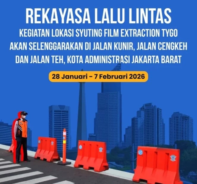Dinas Perhubungan DKI Jakarta menerapkan rekayasa lalu lintas di kawasan Kota Tua, Jakarta Barat, seiring kegiatan syuting film Extraction Tygo yang berlangsung mulai 28 Januari hingga 7 Februari 2026.