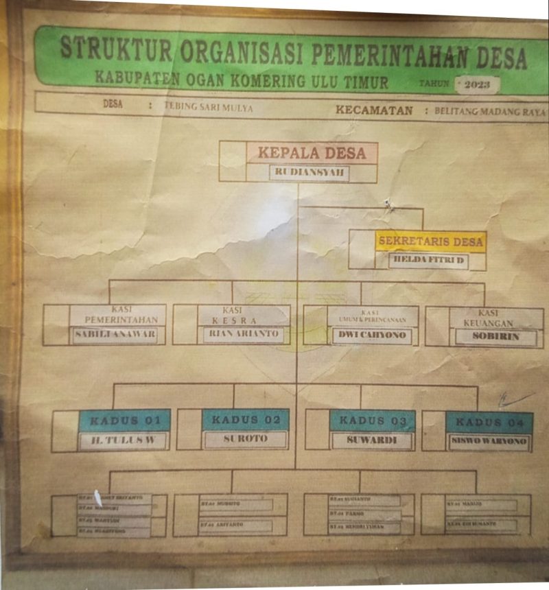 truktur Organisasi Pemerintahan Desa Tebing Sari Mulya Tahun 2023 yang menjadi sorotan terkait dugaan ketidaksesuaian proses pengangkatan perangkat desa