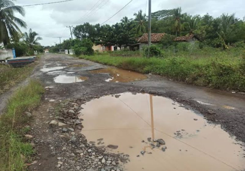 Kondisi salah satu ruas jalan di Kabupaten Way Kanan yang mengalami kerusakan dan genangan air. Warga berharap perbaikan infrastruktur dapat berjalan seiring dengan capaian tata kelola keuangan daerah yang kembali meraih opini WTP dari BPK.
