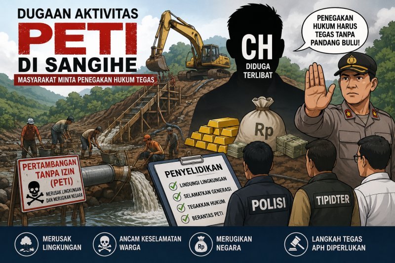 Ilustrasi dugaan aktivitas Pertambangan Tanpa Izin (PETI) yang kembali menjadi sorotan publik di Kabupaten Kepulauan Sangihe. Sejumlah pihak meminta aparat penegak hukum melakukan penyelidikan dan penindakan tegas terhadap aktivitas pertambangan ilegal yang berpotensi merusak lingkungan serta merugikan negara