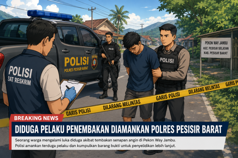 Petugas Polres Pesisir Barat melakukan penanganan dan penyelidikan terkait dugaan kasus penembakan yang mengakibatkan seorang warga terluka di Pekon Way Jambu, Kecamatan Pesisir Selatan, Minggu (7/6/2026).