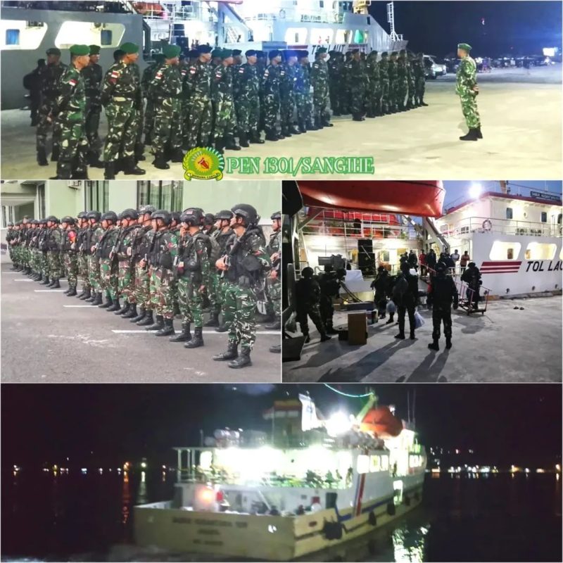 Personel Satgas Pengamanan Pulau-Pulau Terluar (Pamputer) Kodam XIII/Merdeka mengikuti apel pengecekan sebelum diberangkatkan menuju Posad Marore dan Posad Kawaluso melalui Pelabuhan Laut Nusantara Tahuna, Kabupaten Kepulauan Sangihe. Keberangkatan ini merupakan bagian dari tugas menjaga keamanan dan kedaulatan NKRI di wilayah perbatasan. Foto: Pendim 1301/Sangihe