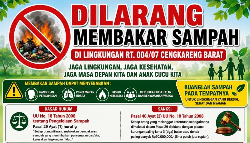 Warga RT 004/07 Cengkareng Barat memasang imbauan larangan membakar sampah sebagai bentuk kepedulian terhadap lingkungan dan kesehatan masyarakat. Langkah ini muncul menyusul adanya keluhan warga terkait dugaan aktivitas pembakaran sampah rumah tangga yang masih berlangsung di wilayah tersebut. (Foto: Istimewa)