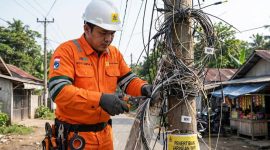 Petugas PT PLN (Persero) melakukan penertiban kabel jaringan internet yang terpasang pada tiang listrik di wilayah Way Kanan. PLN menegaskan bahwa pemanfaatan infrastruktur ketenagalistrikan untuk jaringan telekomunikasi harus melalui mekanisme dan izin resmi guna menjaga keselamatan serta keandalan pasokan listrik. Foto: Istimewa/Tikampost.id.