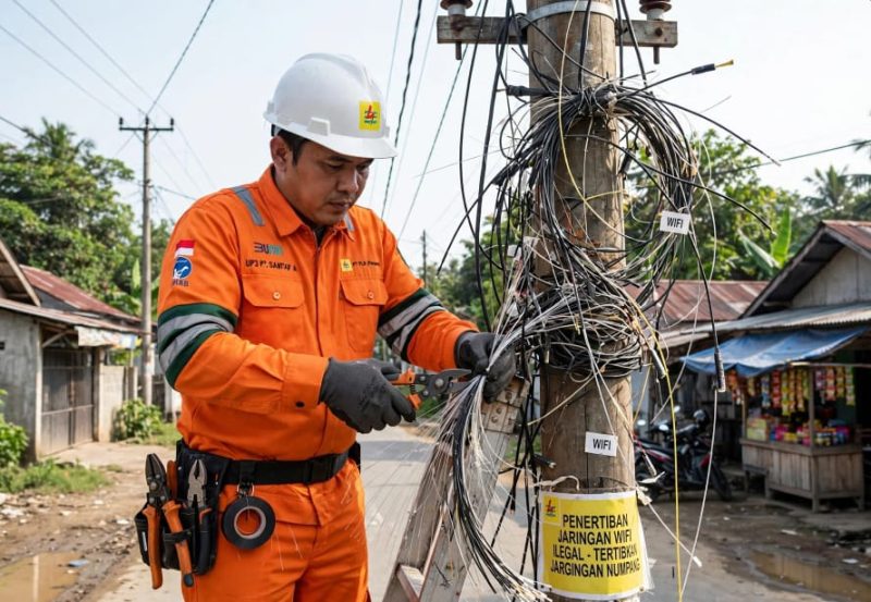 Petugas PT PLN (Persero) melakukan penertiban kabel jaringan internet yang terpasang pada tiang listrik di wilayah Way Kanan. PLN menegaskan bahwa pemanfaatan infrastruktur ketenagalistrikan untuk jaringan telekomunikasi harus melalui mekanisme dan izin resmi guna menjaga keselamatan serta keandalan pasokan listrik. Foto: Istimewa/Tikampost.id.