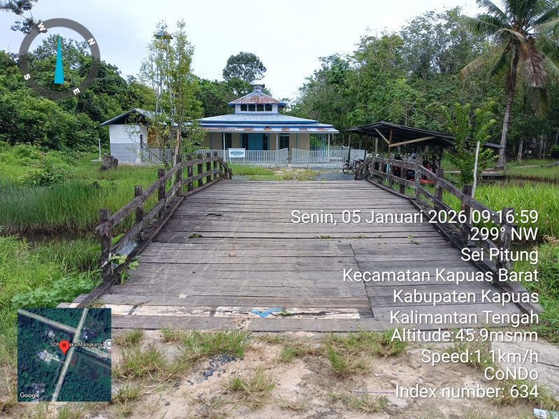Kondisi salah satu jembatan kayu penghubung di Handel Negara, Desa Sei Pitung, Kecamatan Kapuas Barat, Kabupaten Kapuas, Kalimantan Tengah, yang menjadi akses utama warga RT 04, RT 05, dan RT 06. Warga berharap Pemerintah Kabupaten Kapuas segera melakukan perbaikan karena kondisi jembatan telah mengalami kerusakan dan dinilai membahayakan keselamatan pengguna serta menghambat aktivitas masyarakat dan perekonomian setempat. (Foto: Istimewa/Tikampost.id)