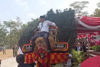 Kadis Kominfo Way Kanan, Yusron Lutfi, S.H., M.M., turut menaiki Dadak Merak dalam pertunjukan Reog Ponorogo pada rangkaian peringatan HUT ke-81 Kemerdekaan Republik Indonesia di Kabupaten Way Kanan, Senin (17/8/2026). Aksi tersebut mendapat sambutan meriah dan tepuk tangan dari masyarakat serta tamu undangan yang hadir.