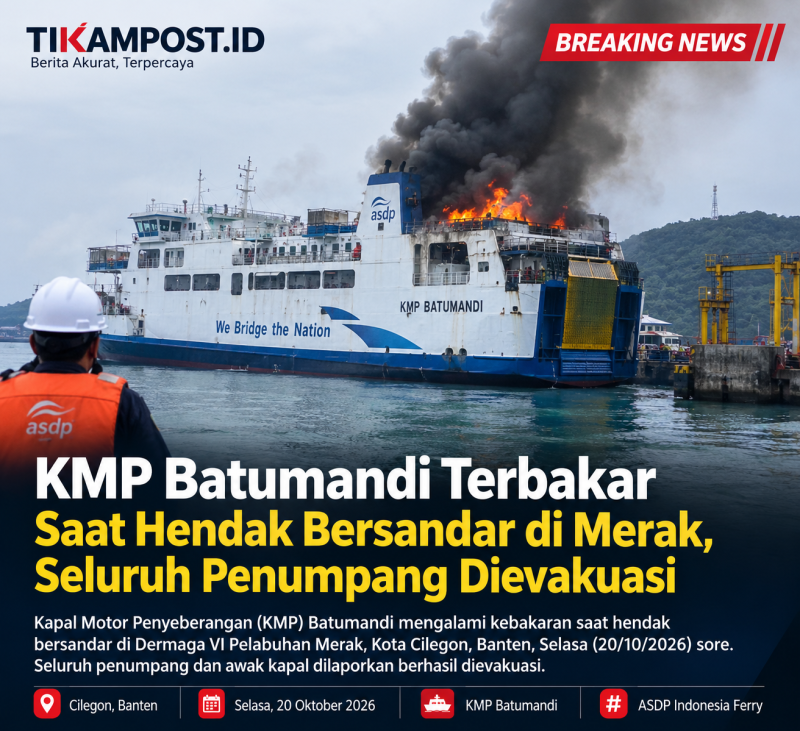 KMP Batumandi mengalami kebakaran saat hendak bersandar di Dermaga VI Pelabuhan Merak, Kota Cilegon, Banten, Selasa (20/10/2026) sore. Seluruh penumpang dan awak kapal dilaporkan berhasil dievakuasi.