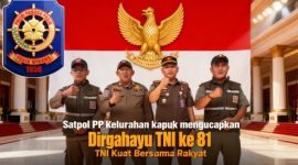 Satuan Polisi Pamong Praja (Satpol PP) Kelurahan Kapuk, Kecamatan Cengkareng, Jakarta Barat, menyampaikan ucapan selamat Hari Ulang Tahun (HUT) ke-81 Tentara Nasional Indonesia (TNI).