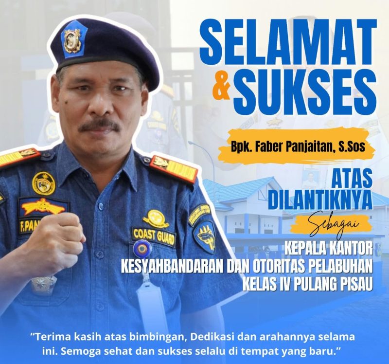 Riswanto Basuki, M.Mar.E., M.M., menyampaikan ucapan selamat dan sukses kepada Faber Panjaitan, S.Sos., atas pelantikannya sebagai Kepala Kantor KSOP Kelas IV Pulang Pisau. Ia berharap kepemimpinan pejabat yang baru dapat meningkatkan kualitas pelayanan kepelabuhanan serta memperkuat keselamatan dan keamanan pelayaran